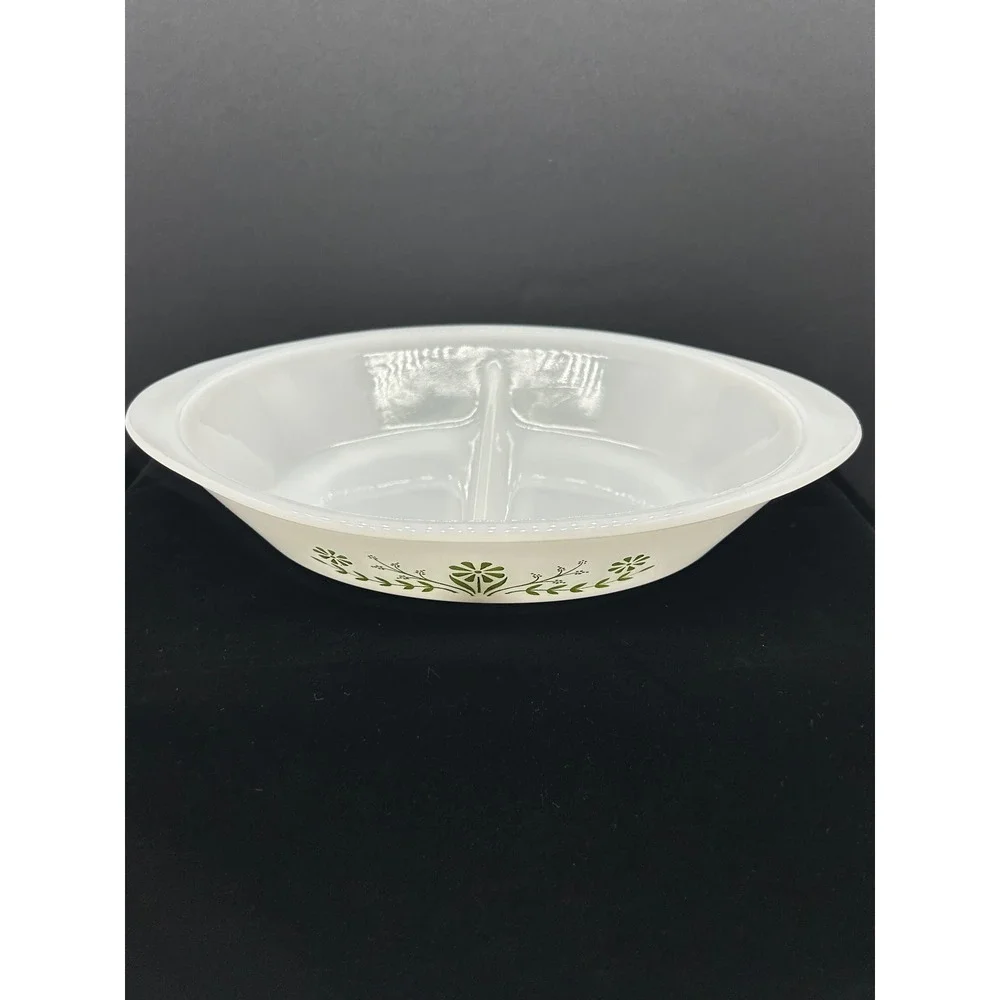 Glasbake J2352 Milk Glass Divided Serving Dish Green Floral Vine Oval Vintage